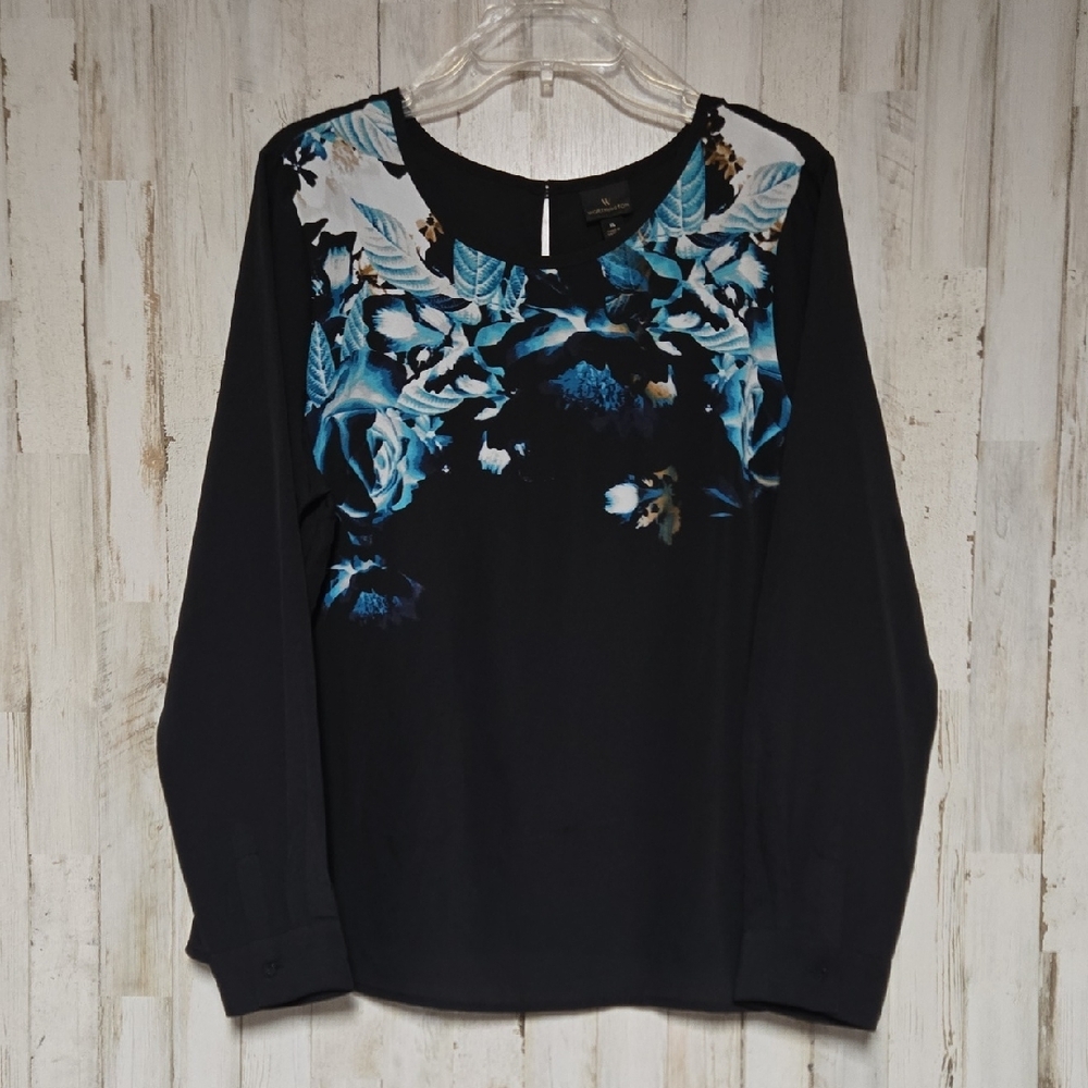 Worthington Black and Blue Floral Long Sleeve Blouse